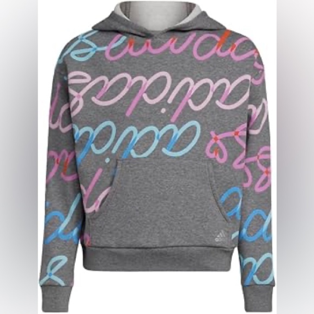 Adi Script Fleece Pullover Hoodie Sz Girl’s Medium US 10/12 EXCELLENT Condition